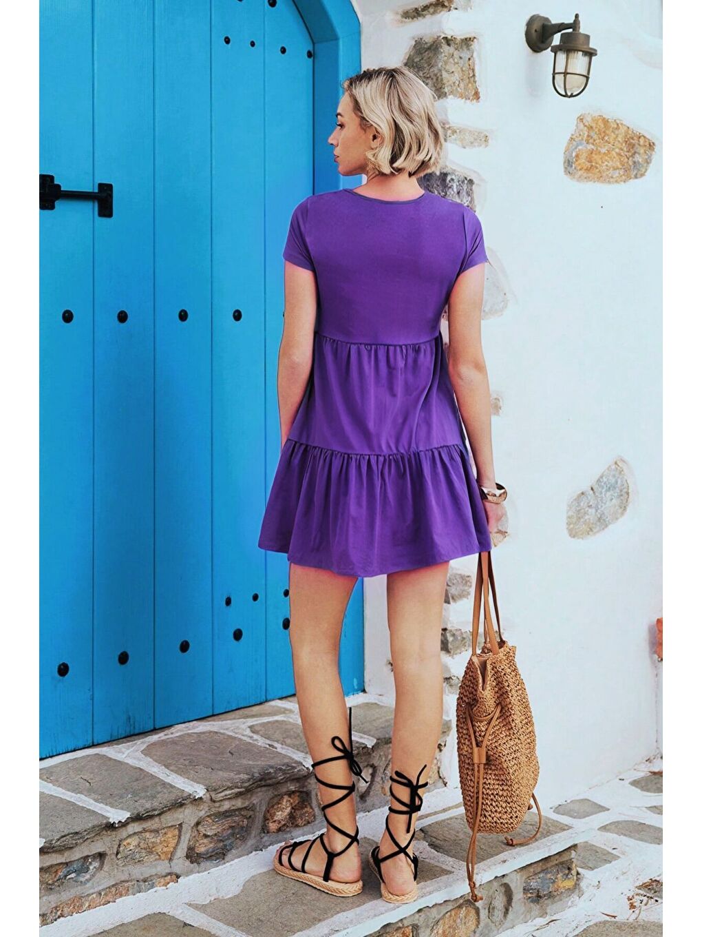 Mor Bisiklet Yaka Düz Kısa Kollu Fırfırlı Penye Elbise-1