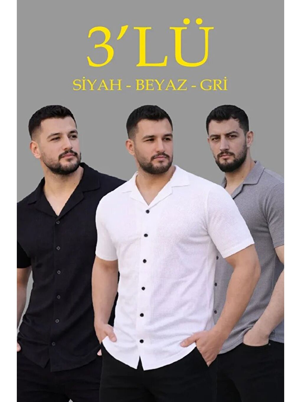 Erkek Waffle Dokuma Açık Yakalı Düğmeli Regular Kalıp 3’lü Gömlek Seti - Siyah, Beyaz, Gri