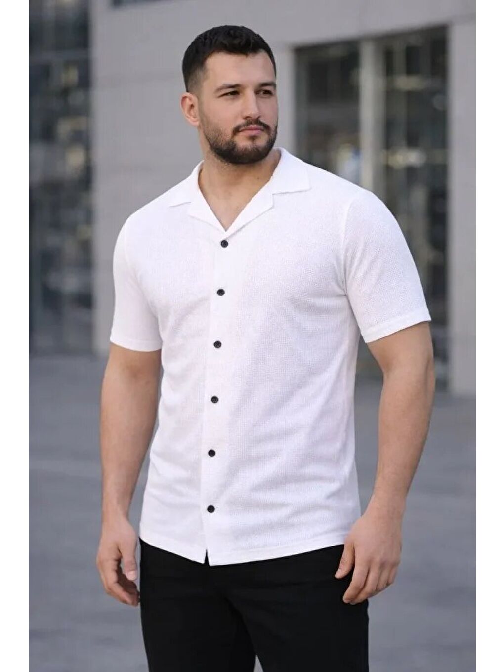 Erkek Waffle Dokuma Açık Yakalı Düğmeli Regular Kalıp 3’lü Gömlek Seti - Siyah, Beyaz, Gri-2