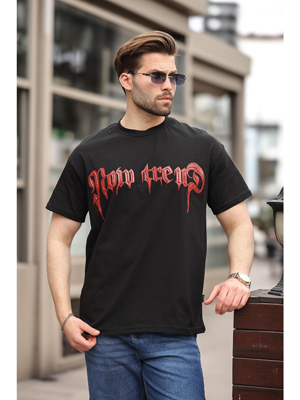 Siyah Baskılı %100 Pamuk Erkek T-Shirt E7141-1