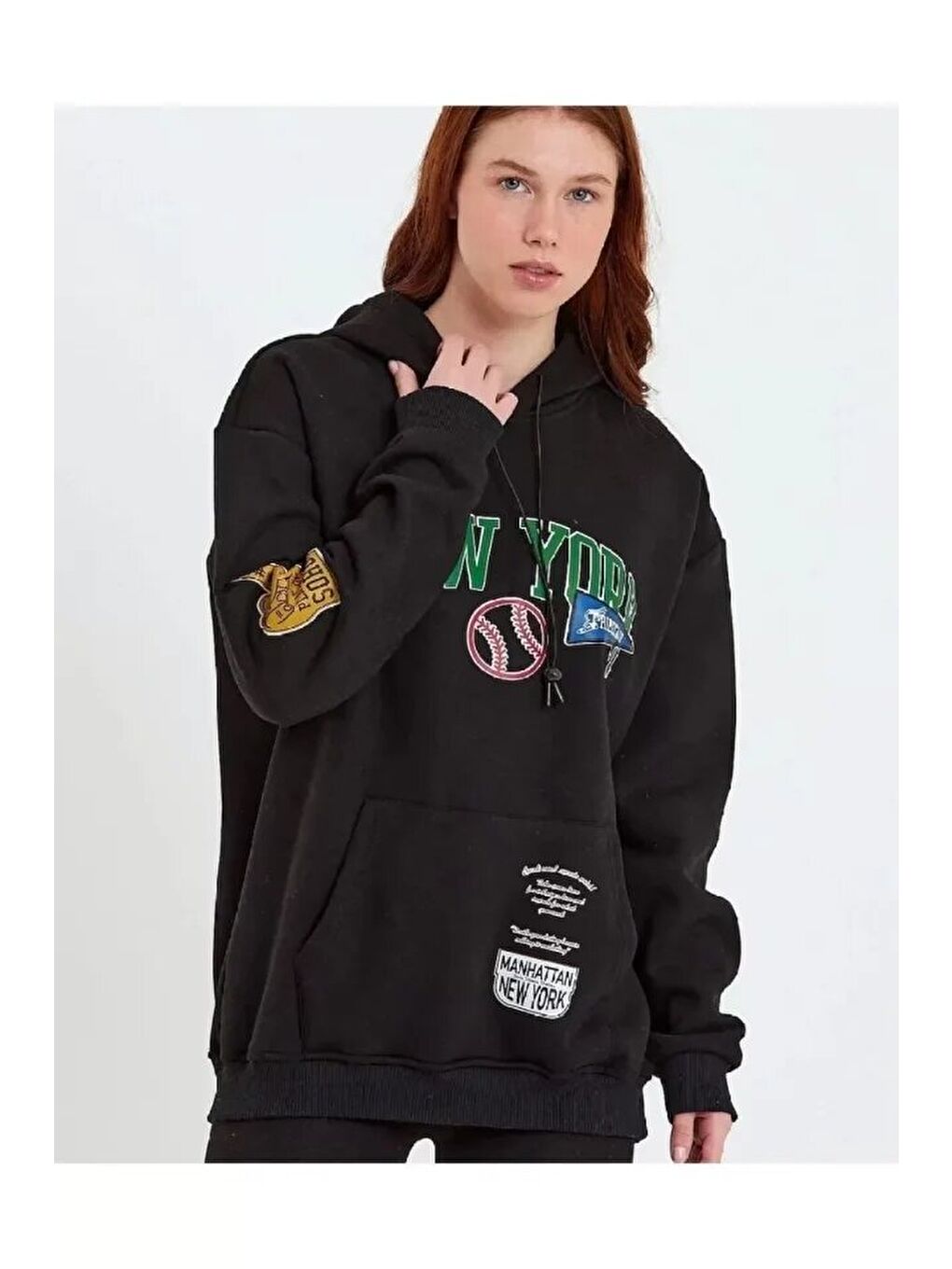 Baskılı Kapüşonlu Sweatshirt - Siyah-1