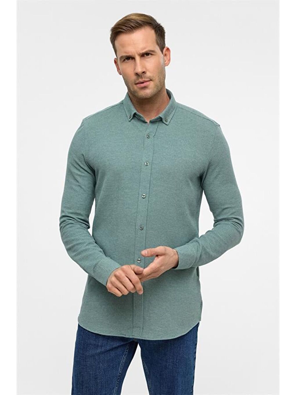 Haki Slim Armürlü Düğmeli Yaka Gömlek-1