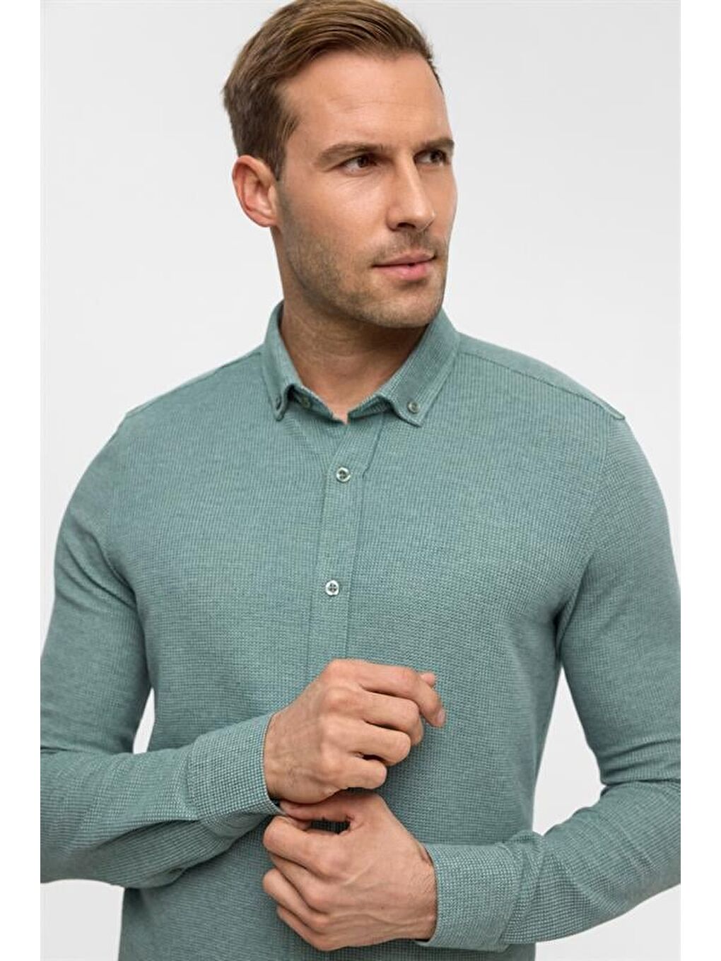 Haki Slim Armürlü Düğmeli Yaka Gömlek-2