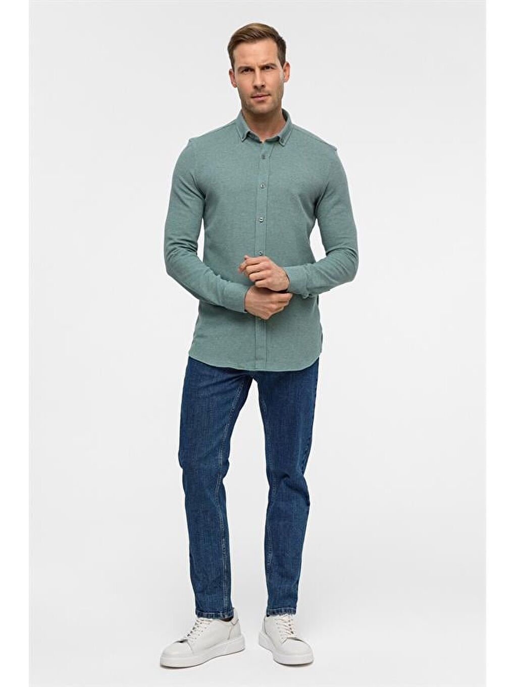 Haki Slim Armürlü Düğmeli Yaka Gömlek-3