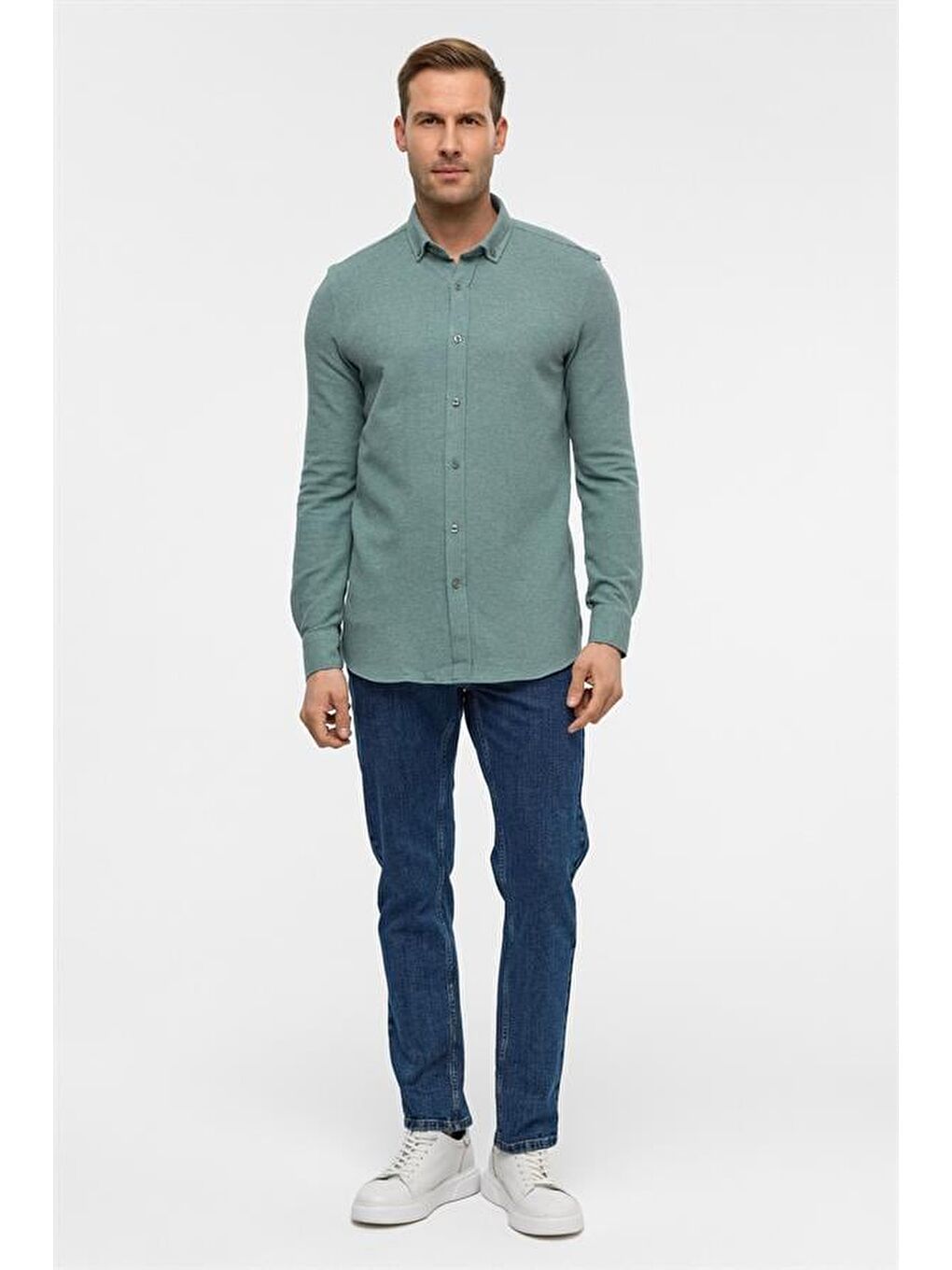 Haki Slim Armürlü Düğmeli Yaka Gömlek-5
