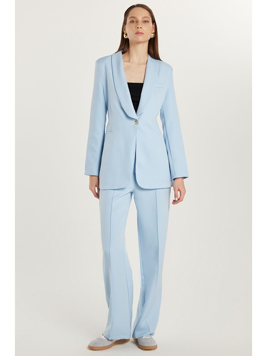Kadın Standart Fit Uzun Kollu Kruvaze Yaka Düğmeli Mavi Ceket Pantolonlu Takım-3