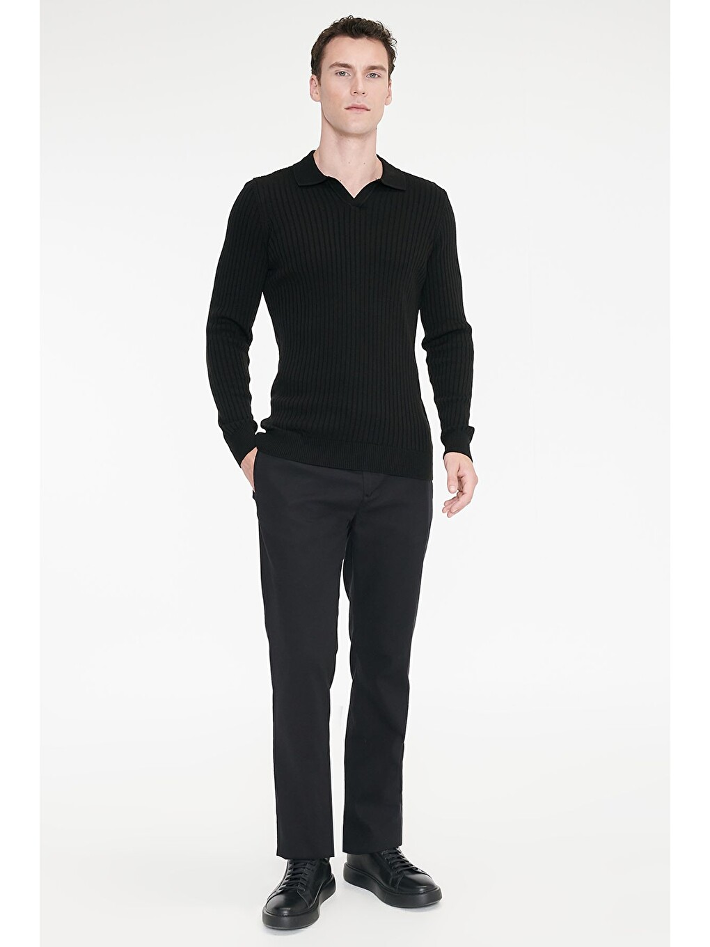 Erkek Siyah Pamuklu Comfort Fit Yan Cepli Armürlü Casual Esnek Pantolon