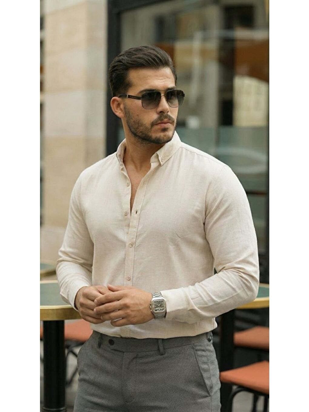 Bej Erkek Uzun Kollu Rahat Keten Gömlek
