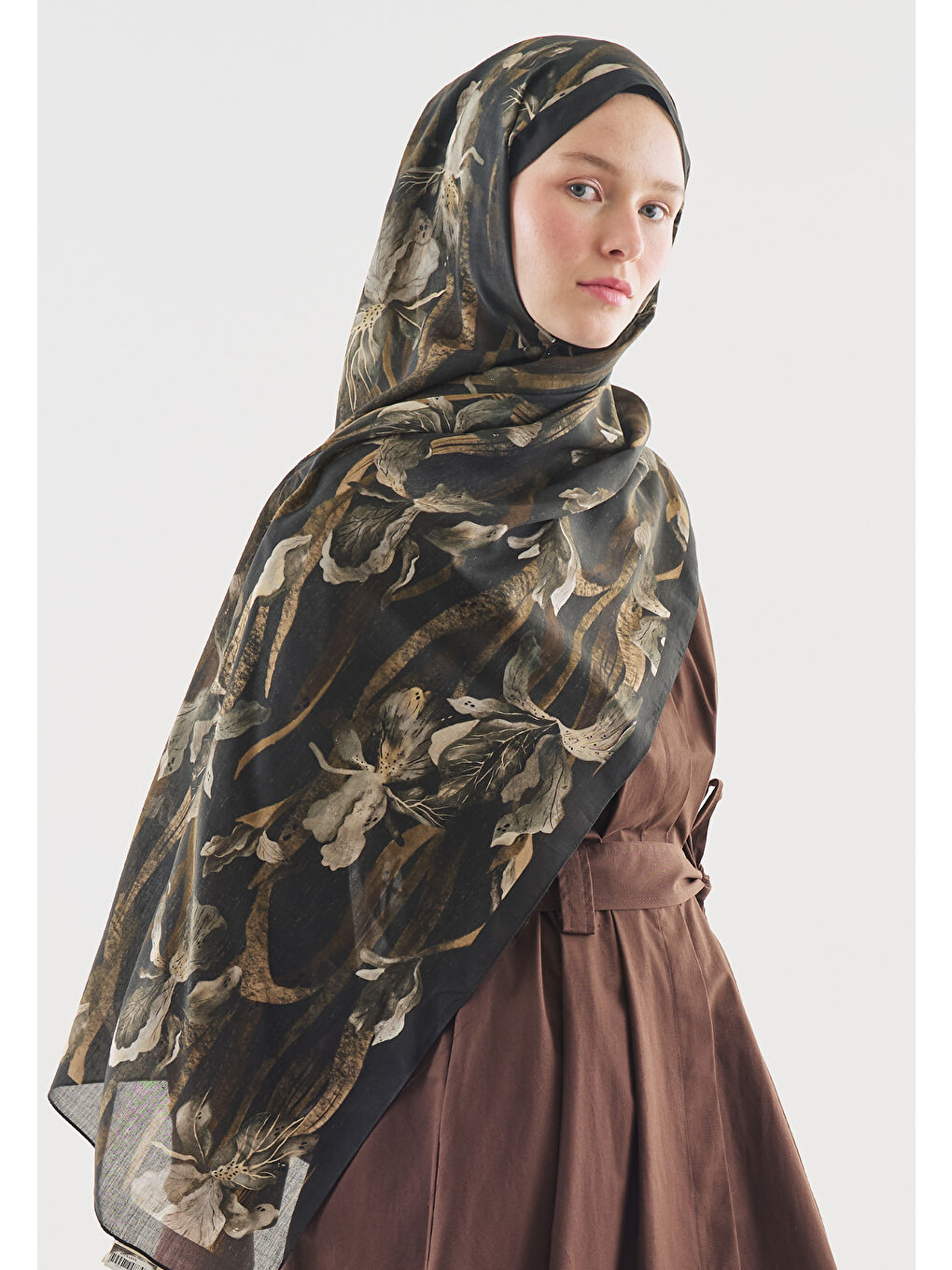 Kahverengi ZELINDA DESENLİ PAMUK VİSKON ŞAL ÇİKOLATA KAHVE-2