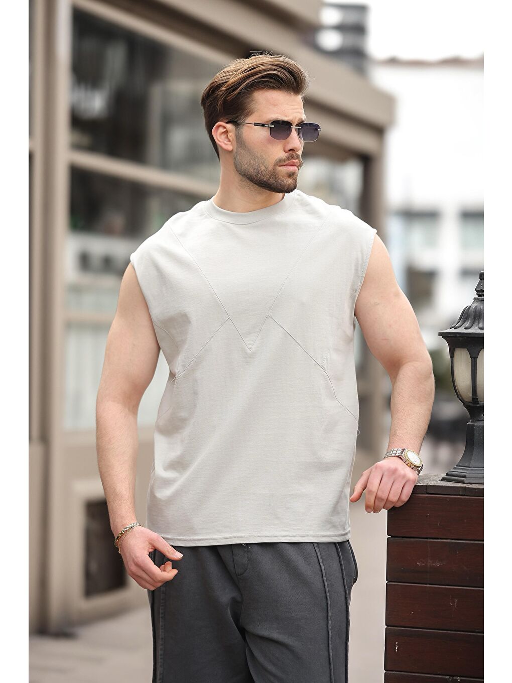 Boyalı Gri Kolsuz %100 Pamuklu Basic Erkek T-Shirt E7137