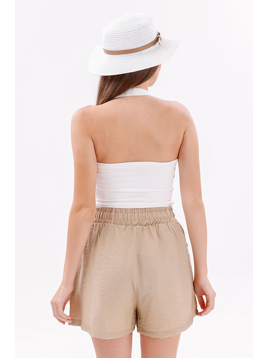 Bej Genıus Store Kadın Şort Aerobin Pamuklu Cepli Çekmez Kumaş Beli Lastikli Şort-4