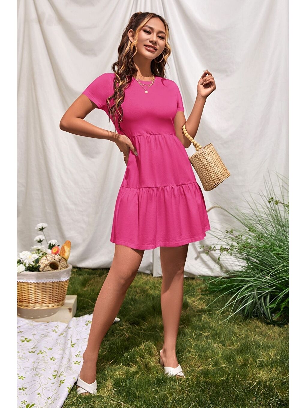 Fuşya Bisiklet Yaka Düz Kısa Kollu Fırfırlı Penye Elbise-1