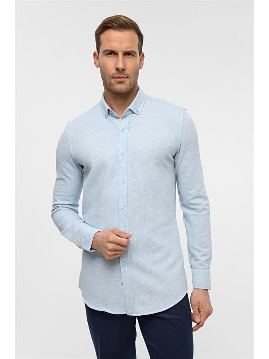 Buz Mavi Slim Armürlü Düğmeli Yaka Gömlek-2