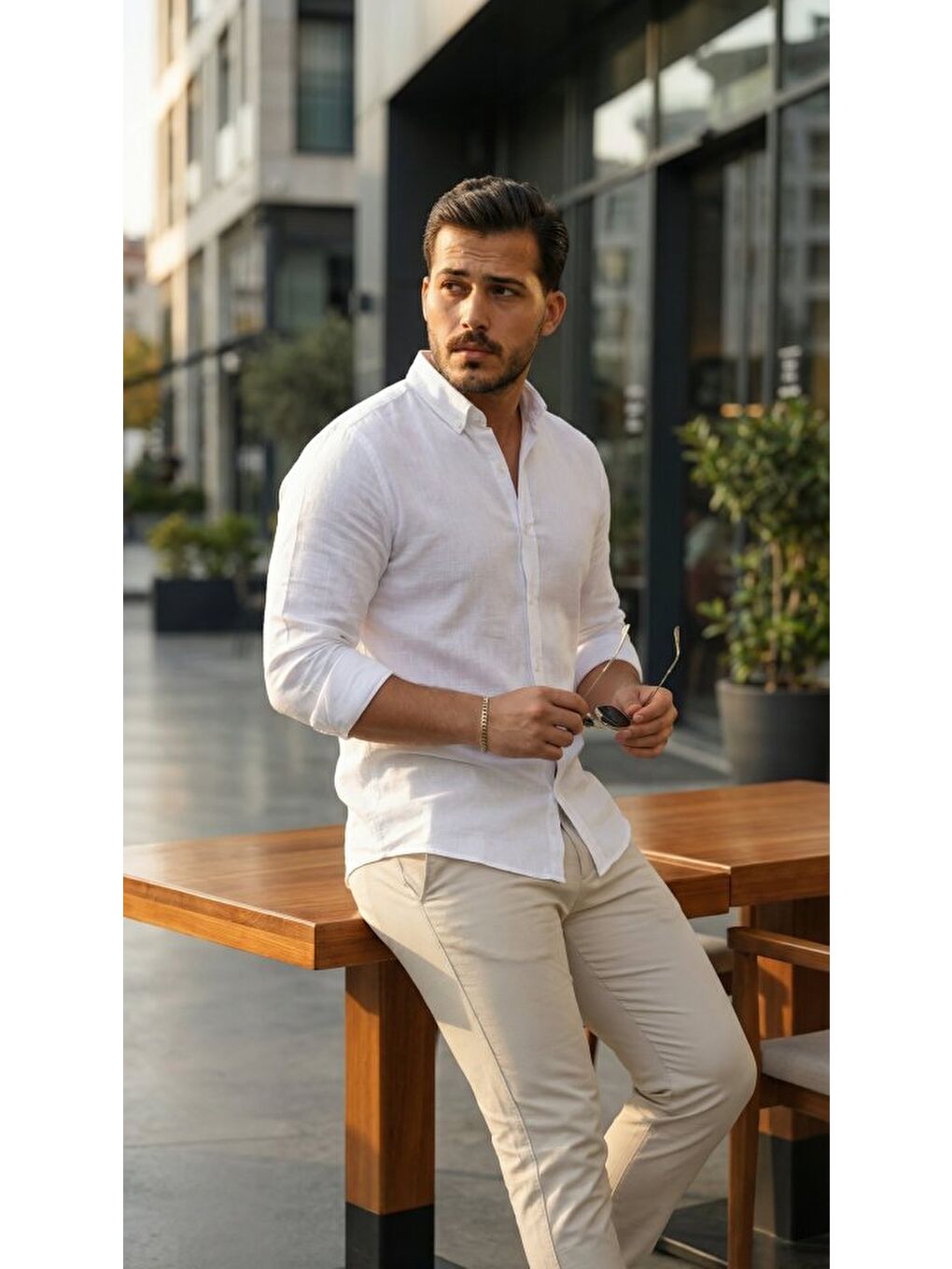 Beyaz Erkek Uzun Kollu Rahat Keten Gömlek-1