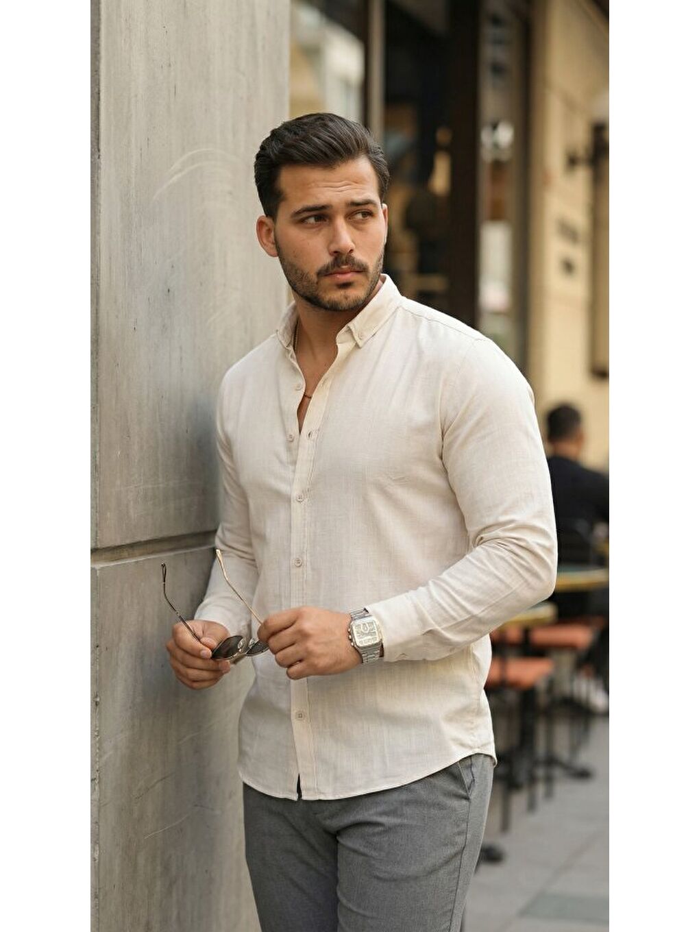 Bej Erkek Uzun Kollu Rahat Keten Gömlek-1