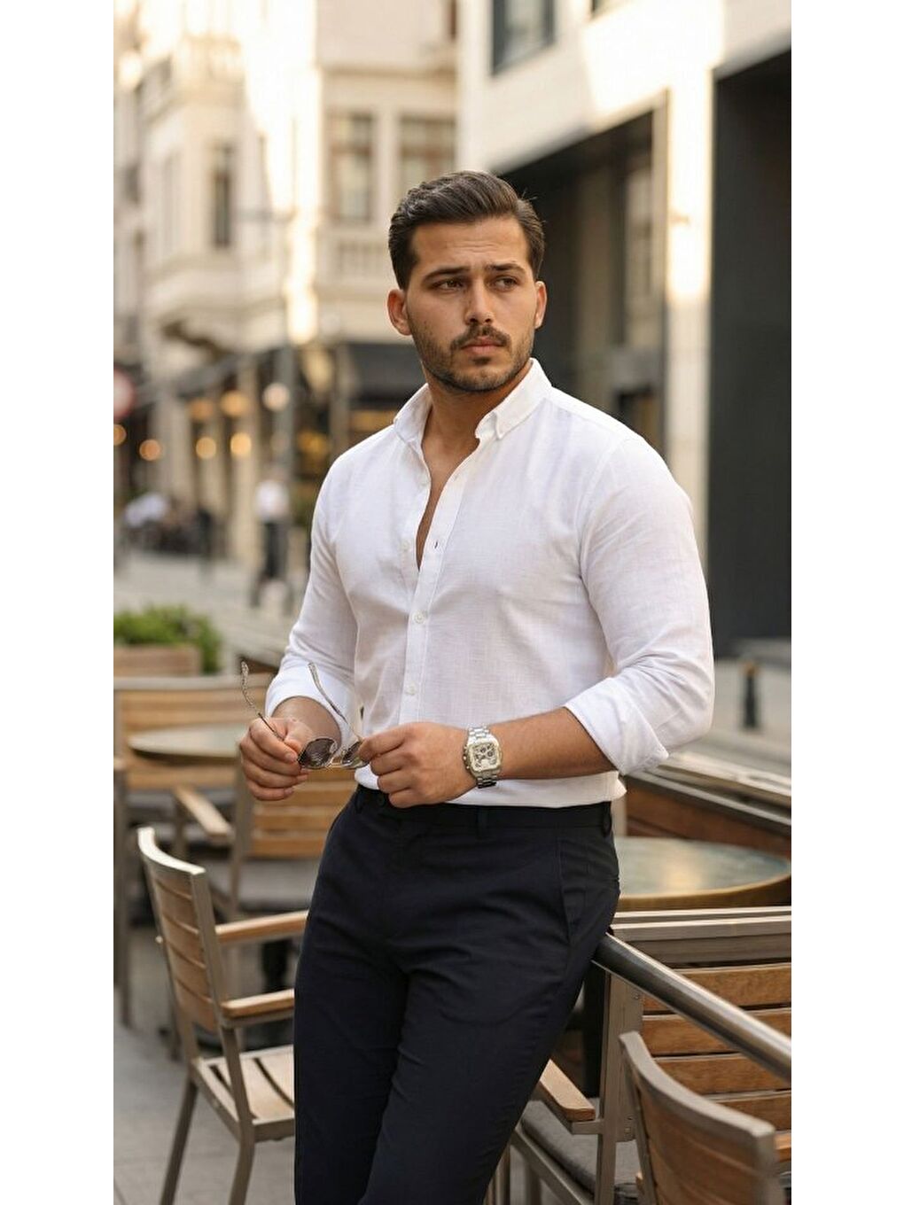 Beyaz Erkek Uzun Kollu Rahat Keten Gömlek-2