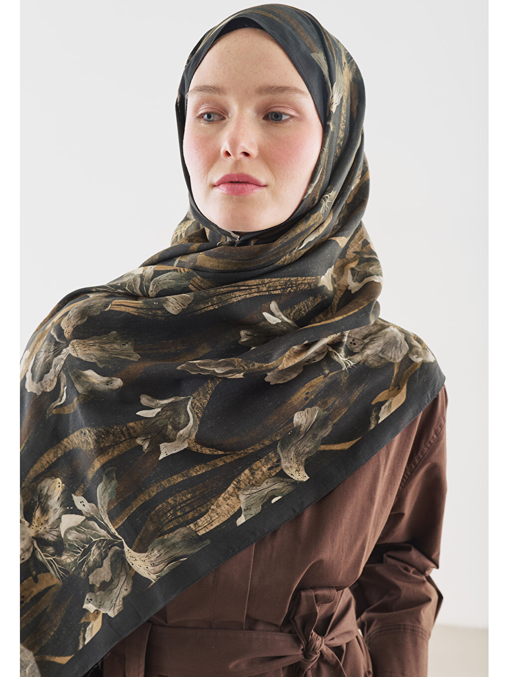 Kahverengi ZELINDA DESENLİ PAMUK VİSKON ŞAL ÇİKOLATA KAHVE-3