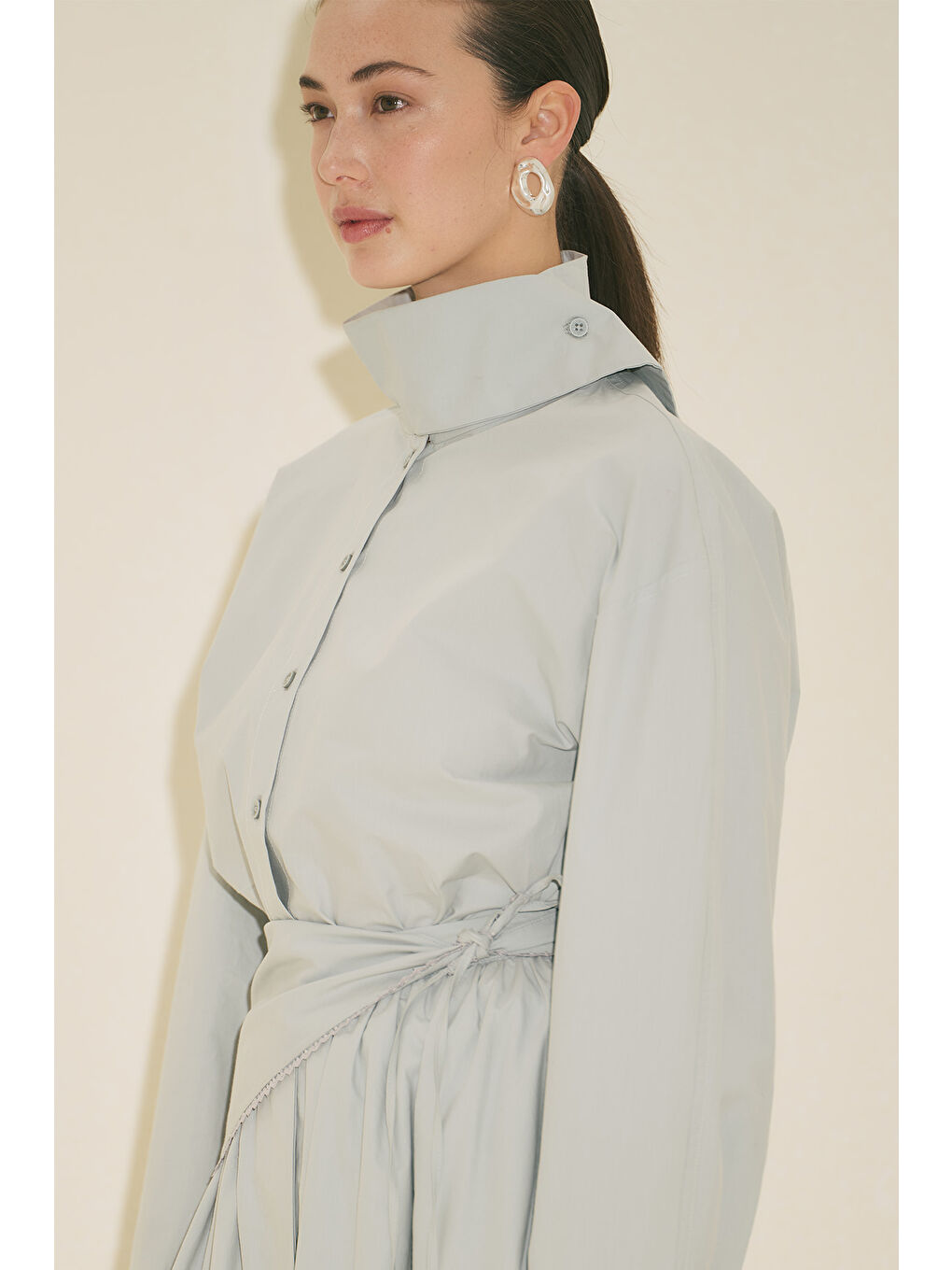 Yüksek Yakalı Kısa Gömlek Mavi-5