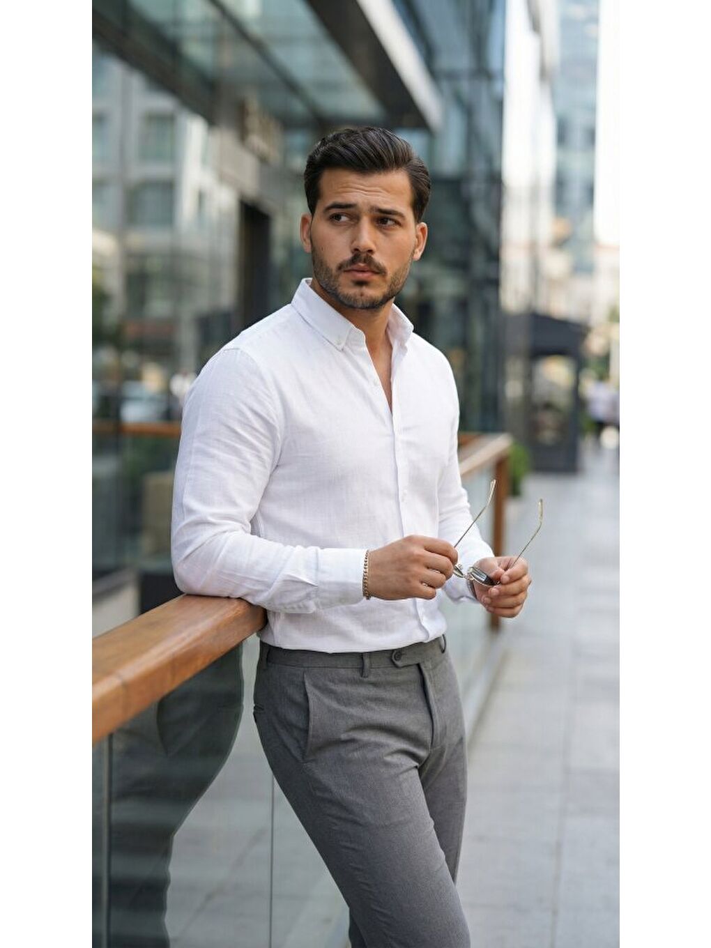 Beyaz Erkek Uzun Kollu Rahat Keten Gömlek-3