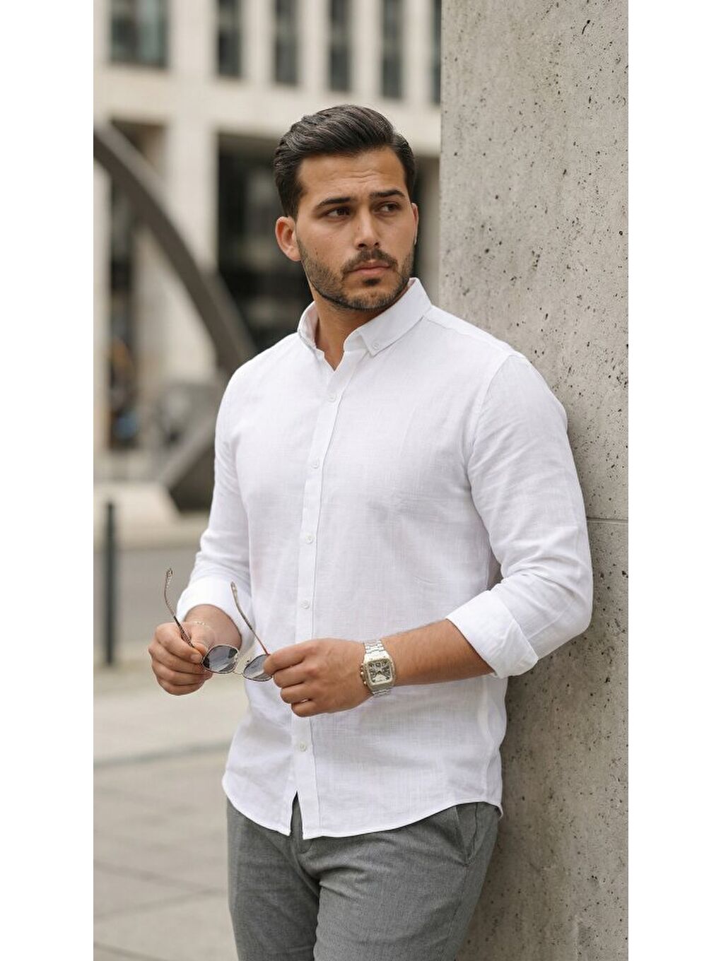 Beyaz Erkek Uzun Kollu Rahat Keten Gömlek-4