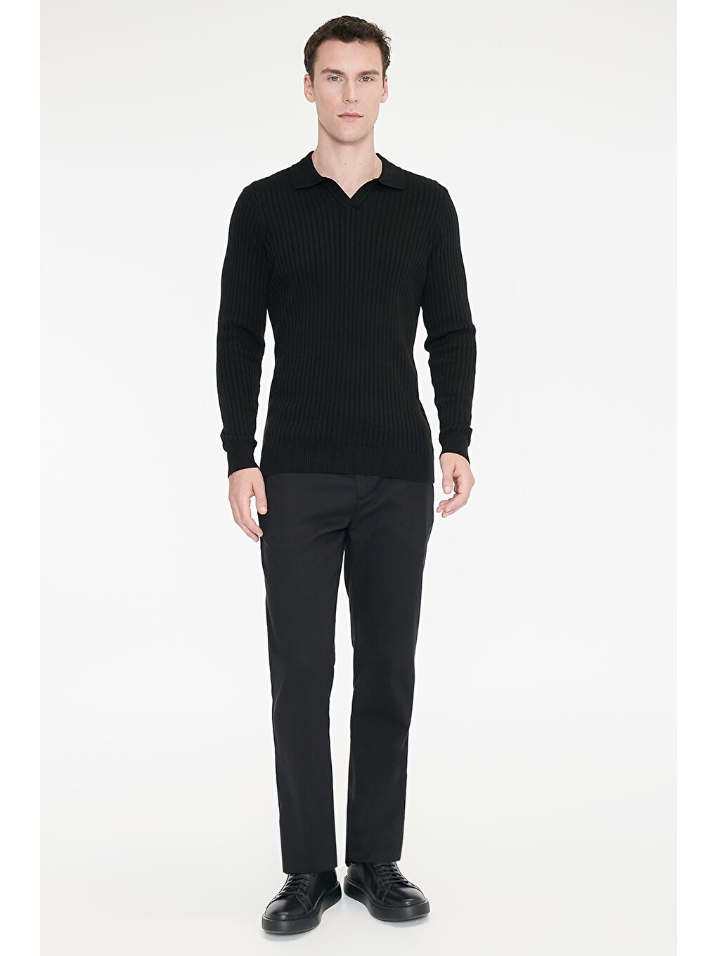 Erkek Siyah Pamuklu Comfort Fit Yan Cepli Armürlü Casual Esnek Pantolon-2