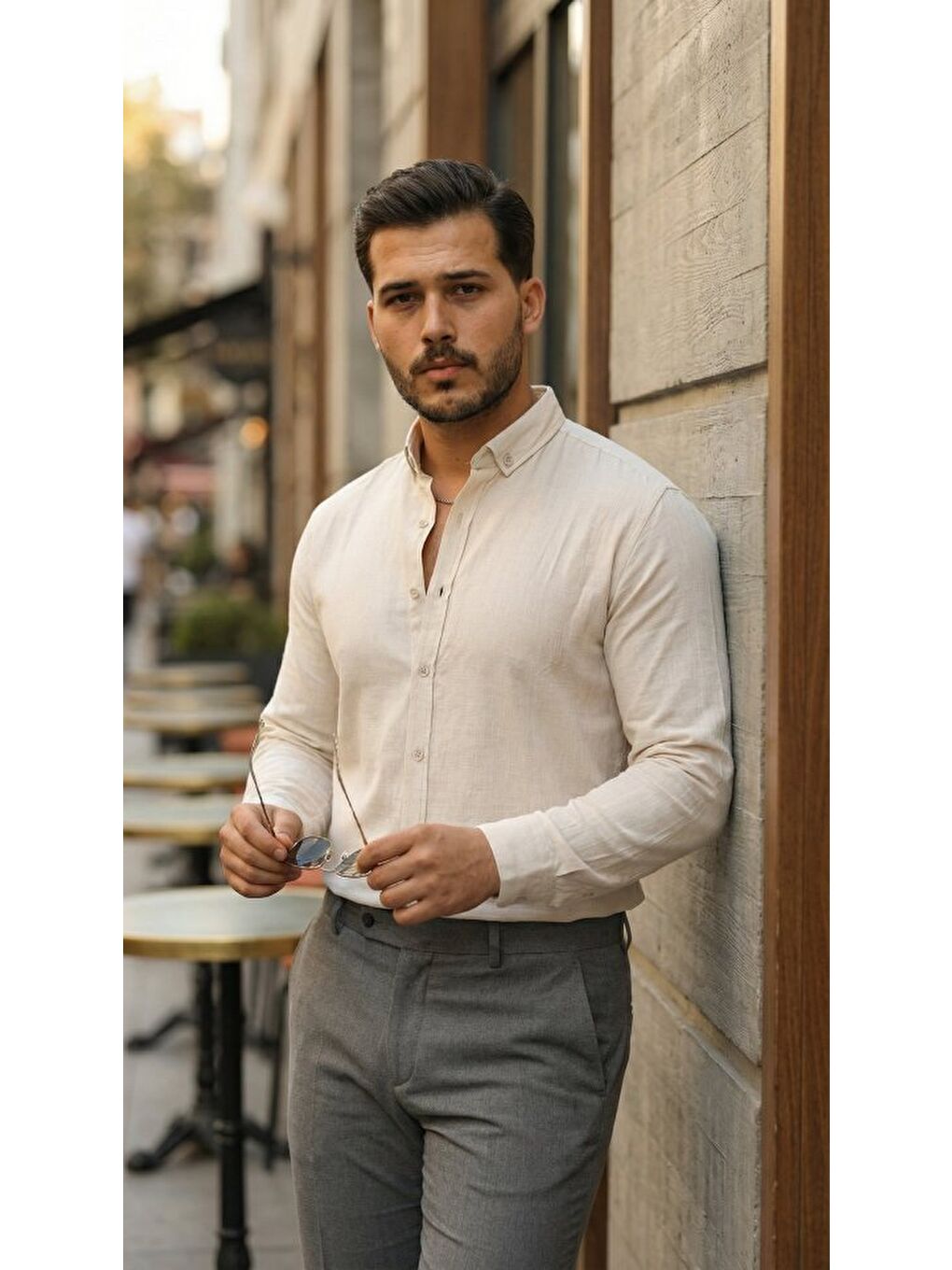 Bej Erkek Uzun Kollu Rahat Keten Gömlek-2