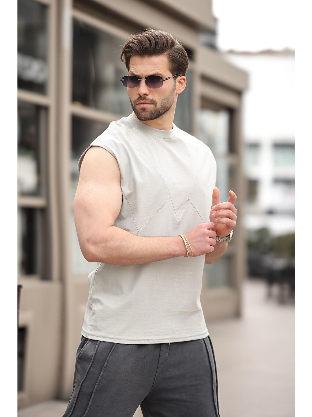 Boyalı Gri Kolsuz %100 Pamuklu Basic Erkek T-Shirt E7137-1