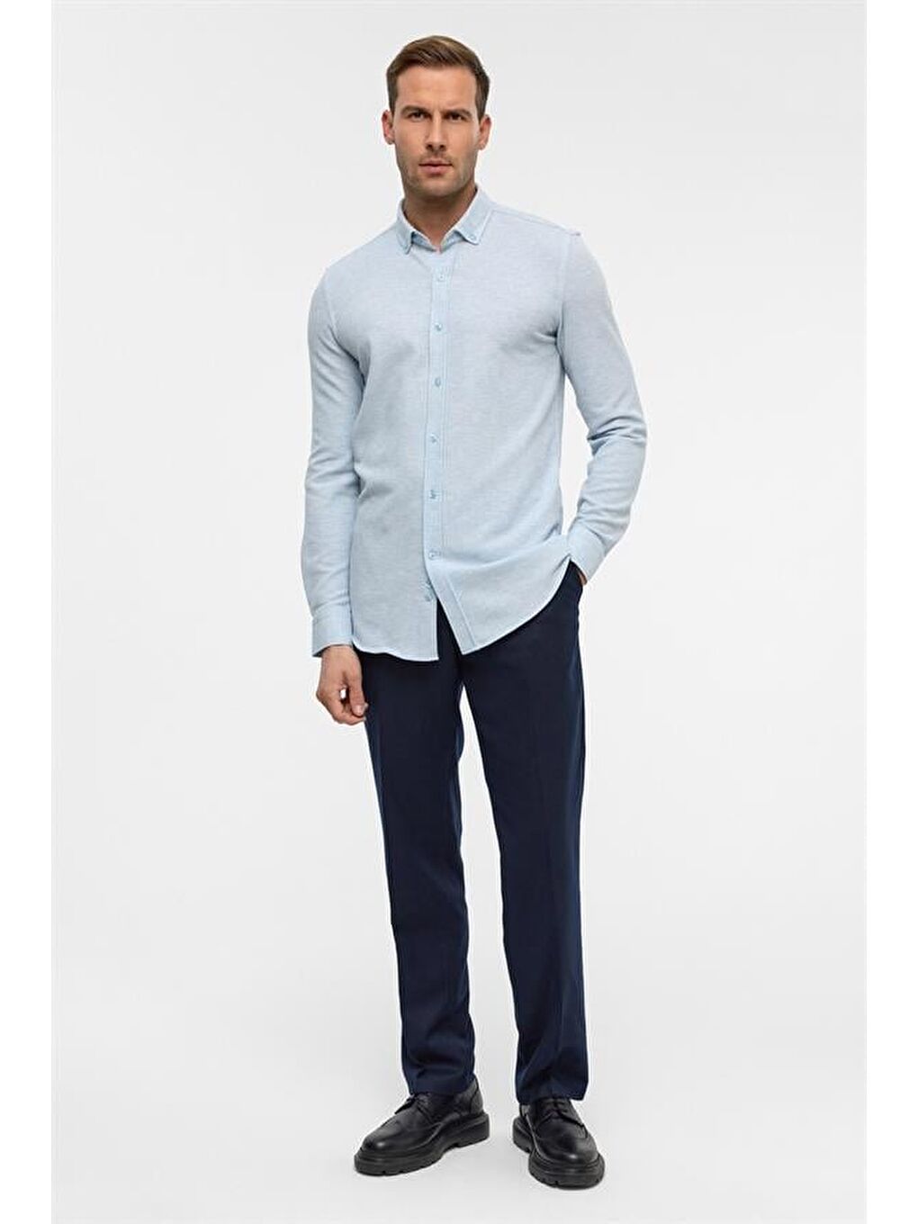 Buz Mavi Slim Armürlü Düğmeli Yaka Gömlek-5