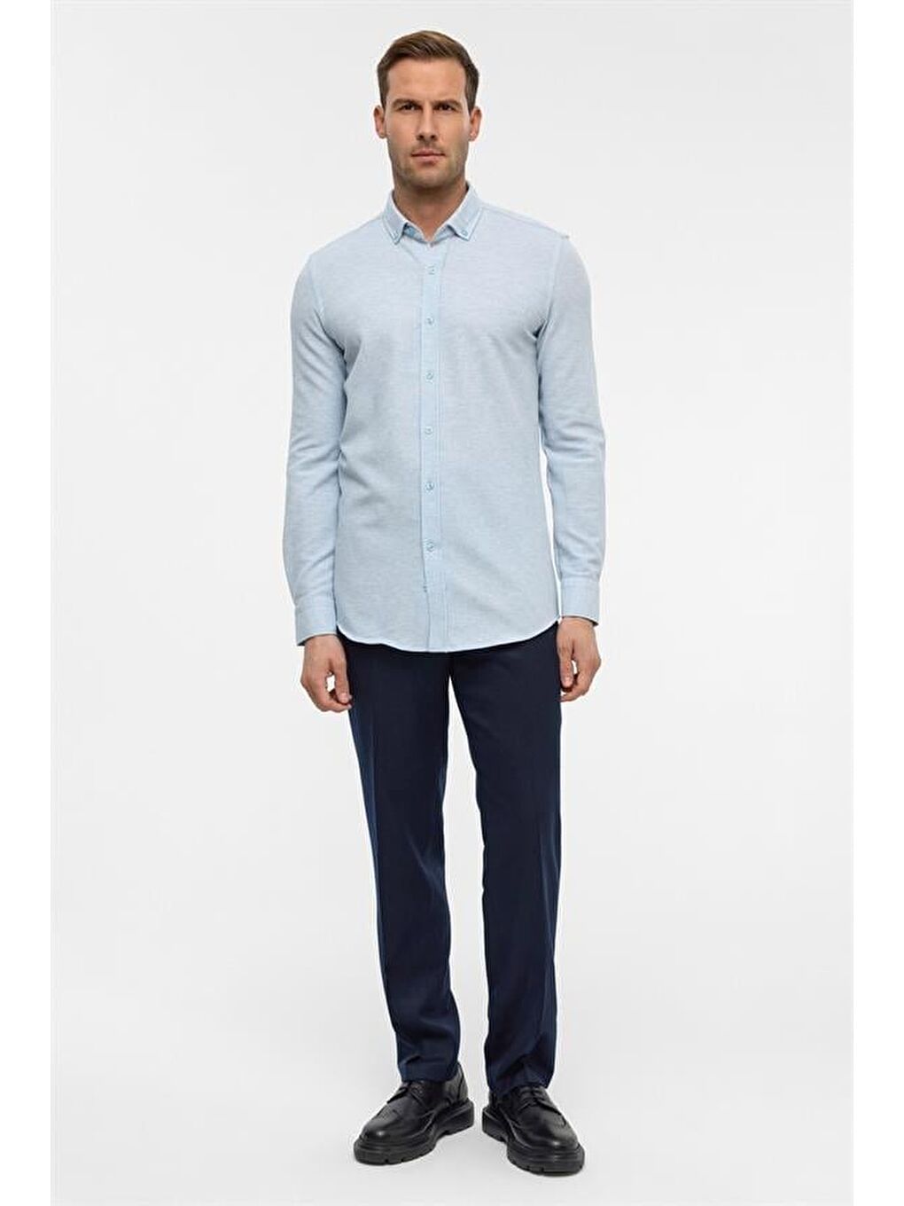 Buz Mavi Slim Armürlü Düğmeli Yaka Gömlek-6