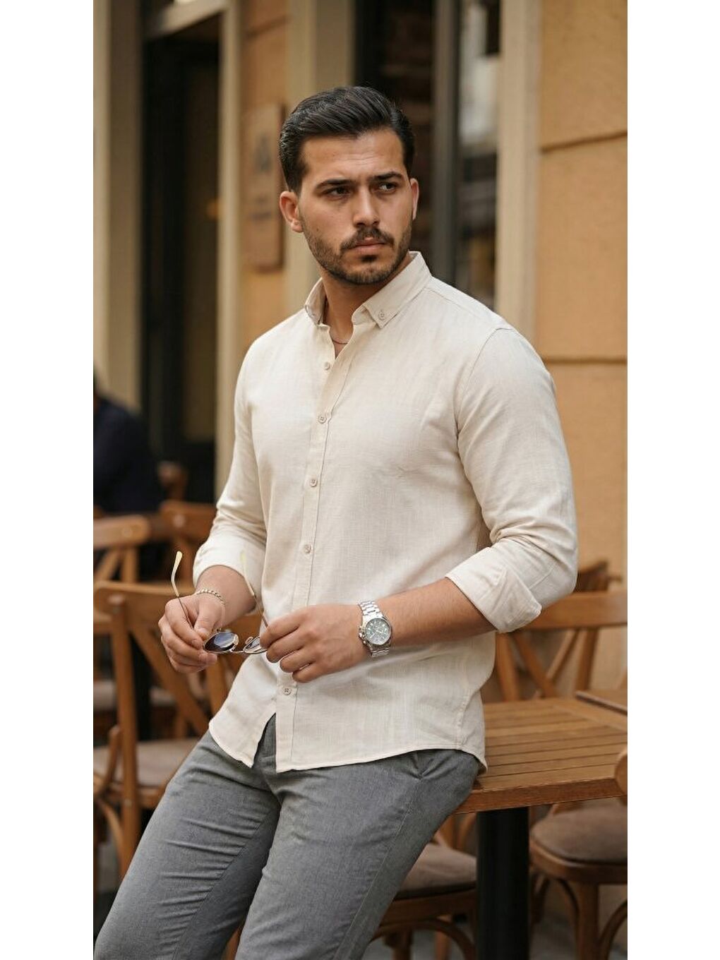 Bej Erkek Uzun Kollu Rahat Keten Gömlek-3