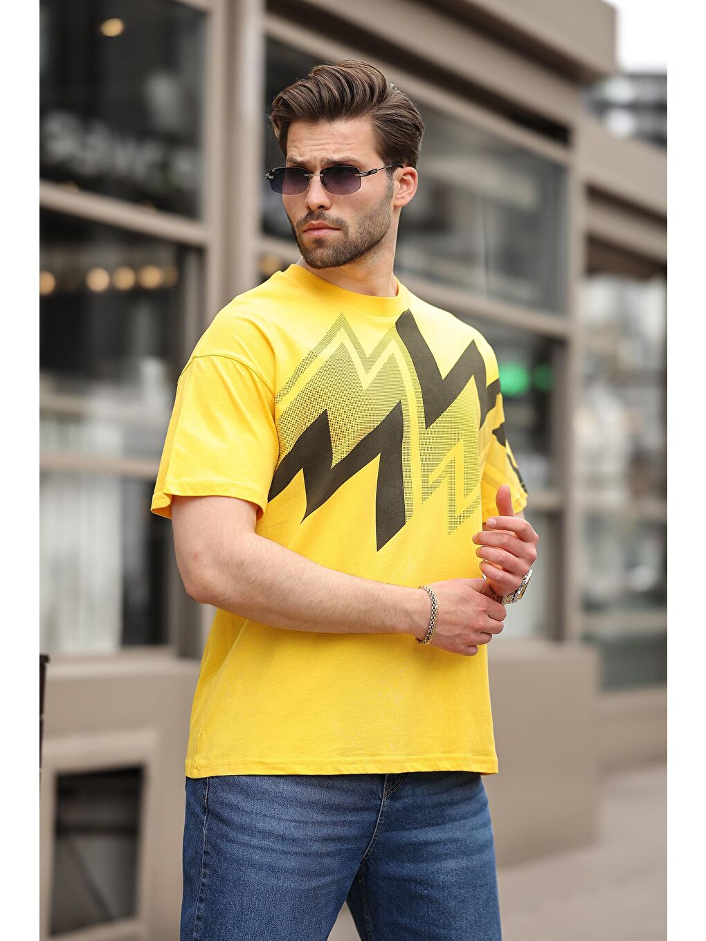 Sarı Baskılı %100 Pamuk Erkek T-Shirt