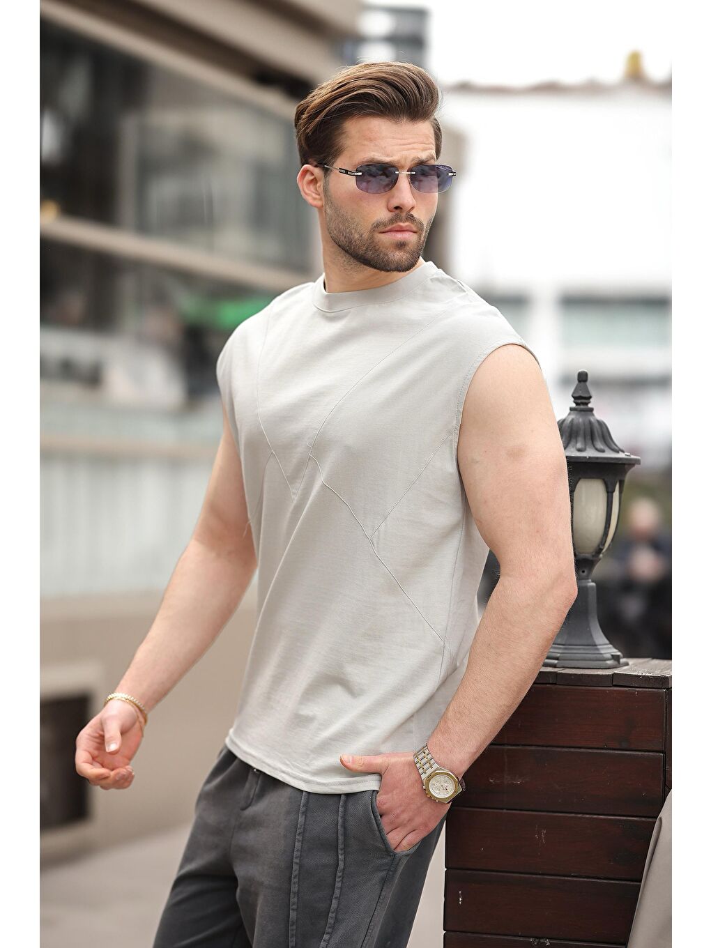 Boyalı Gri Kolsuz %100 Pamuklu Basic Erkek T-Shirt E7137-2