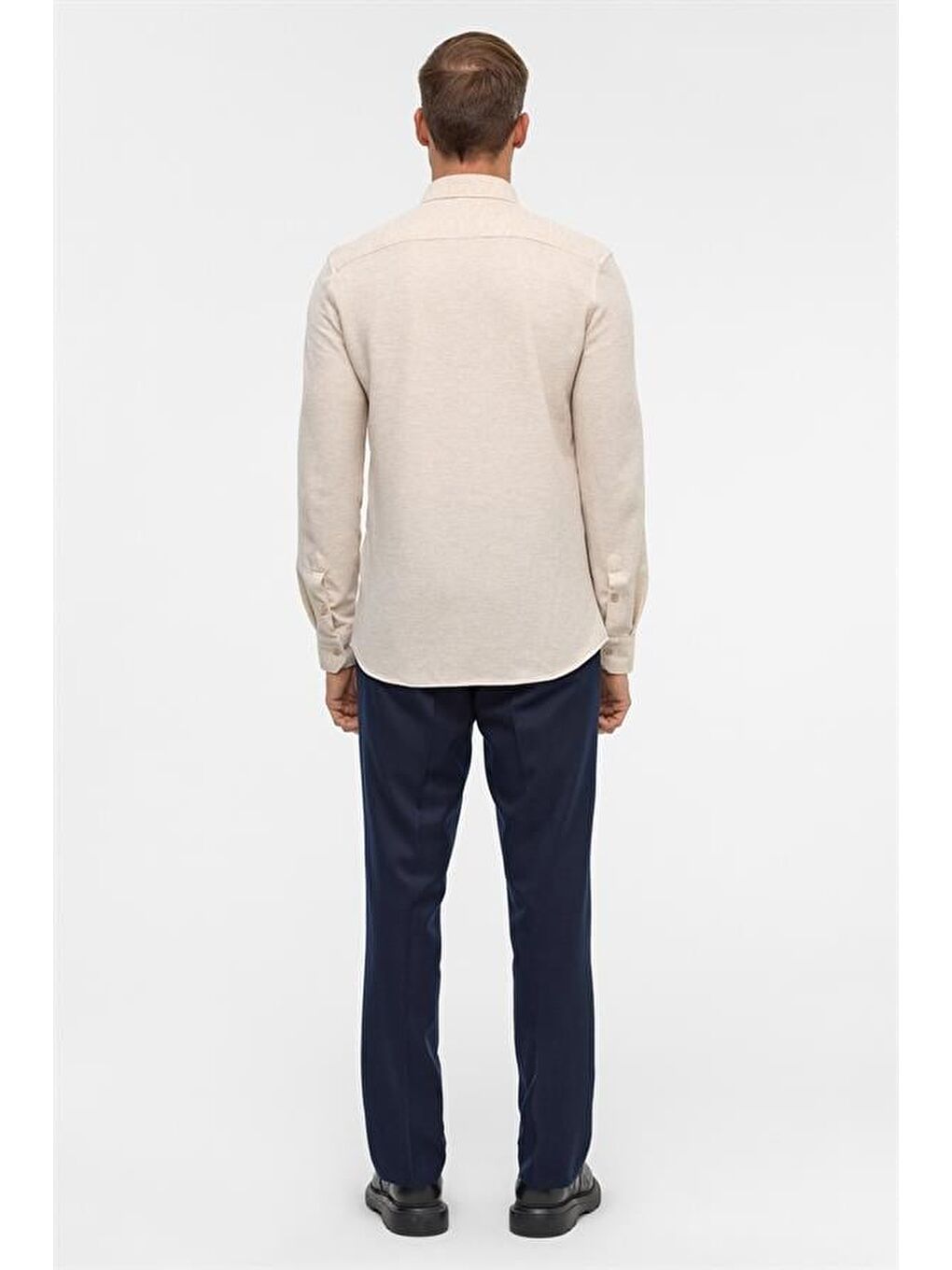 Bej Slim Armürlü Düğmeli Yaka Gömlek-7