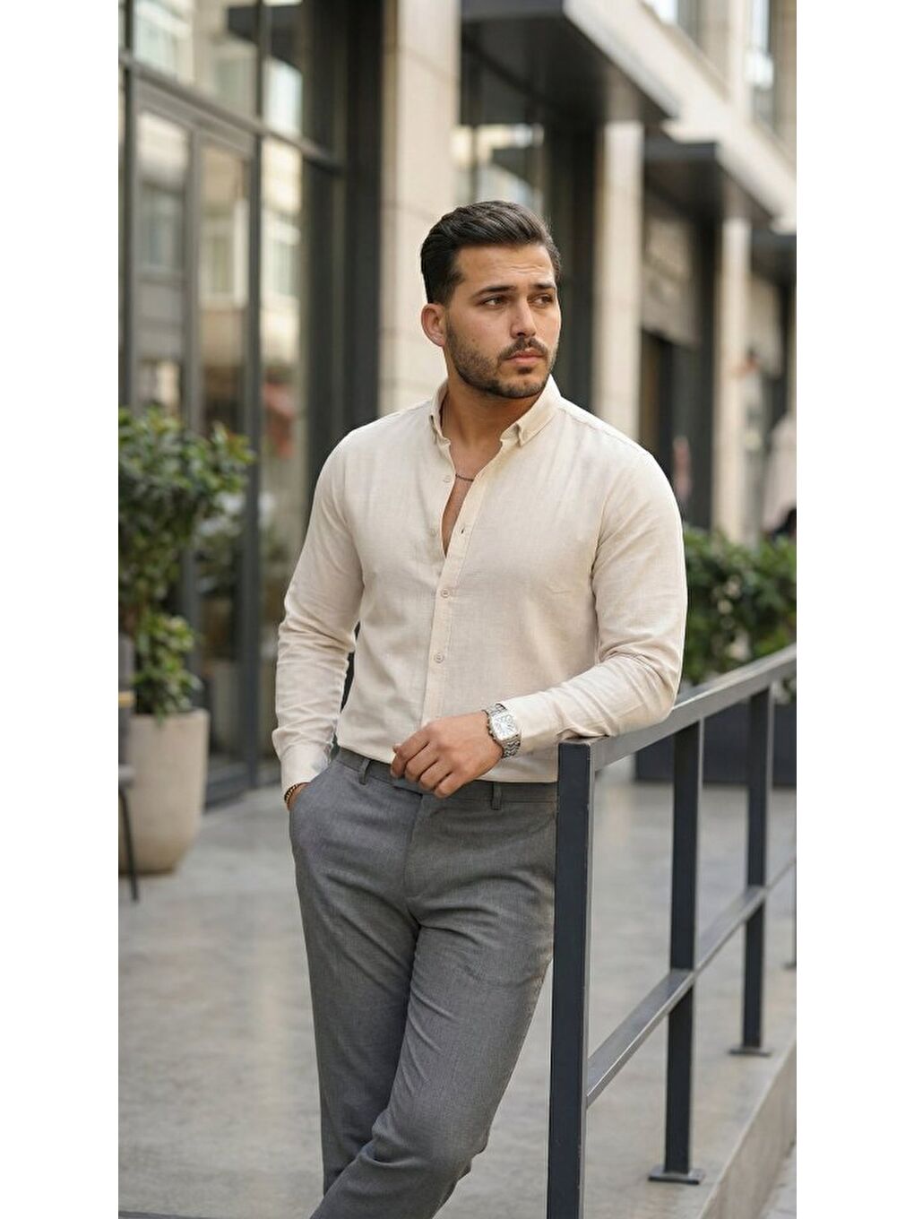 Bej Erkek Uzun Kollu Rahat Keten Gömlek-4