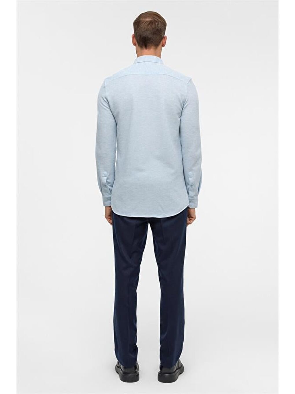 Buz Mavi Slim Armürlü Düğmeli Yaka Gömlek-8