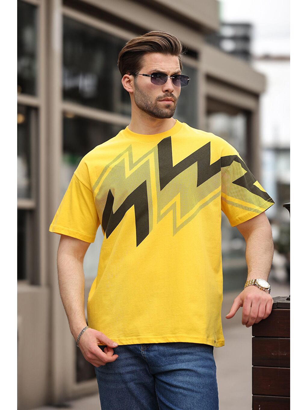 Sarı Baskılı %100 Pamuk Erkek T-Shirt-1