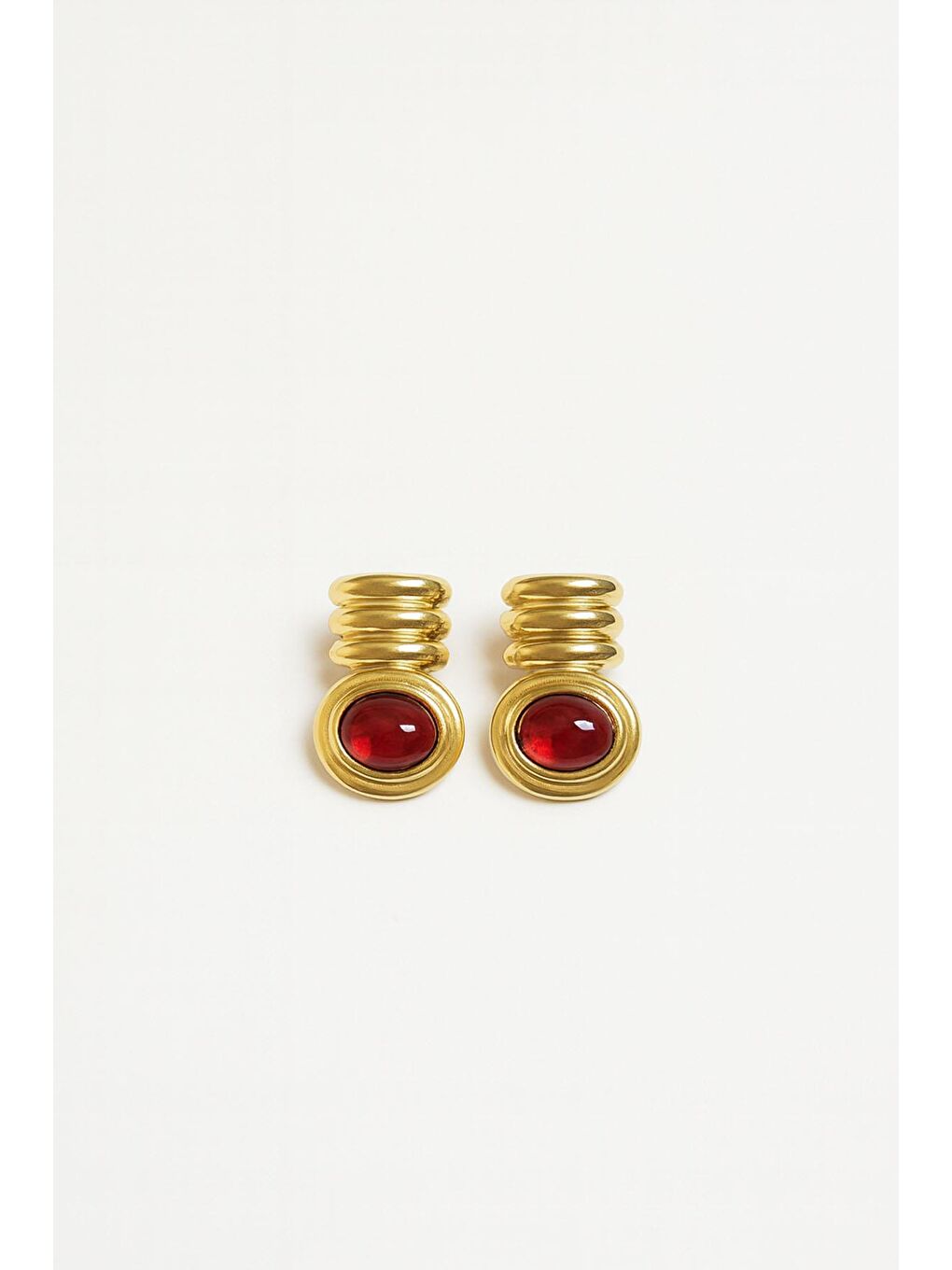 Sarı Koyu Kırmızı Taşlı Kombine Kabartma Gold Vintage Küpe-2