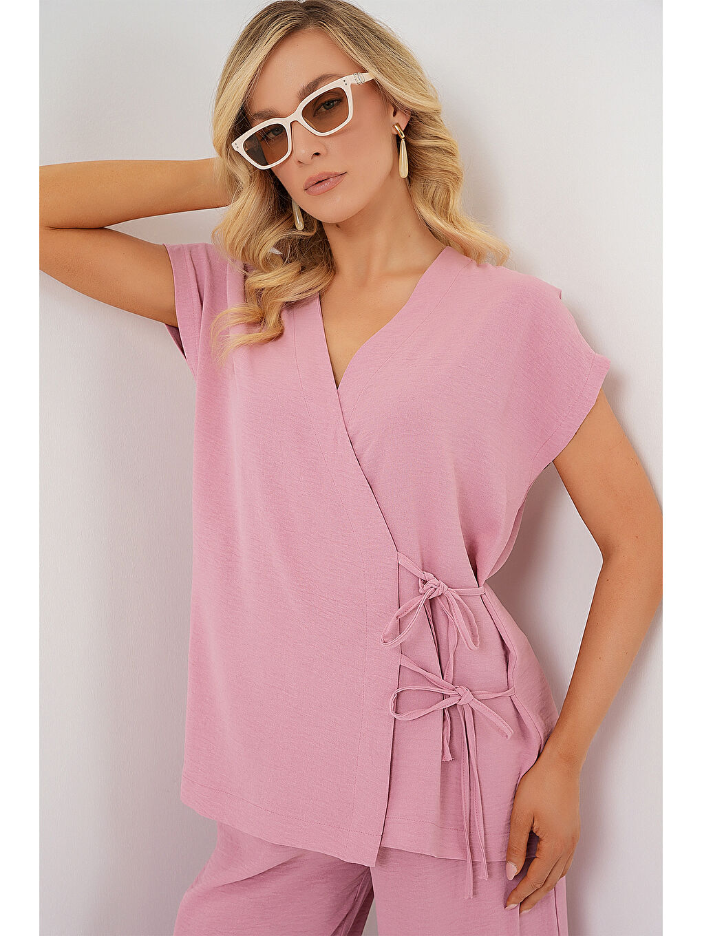 Pembe Kadın Kısa Kol Bağcıklı Ayrobin İkili Takım 6741 - Pudra-2