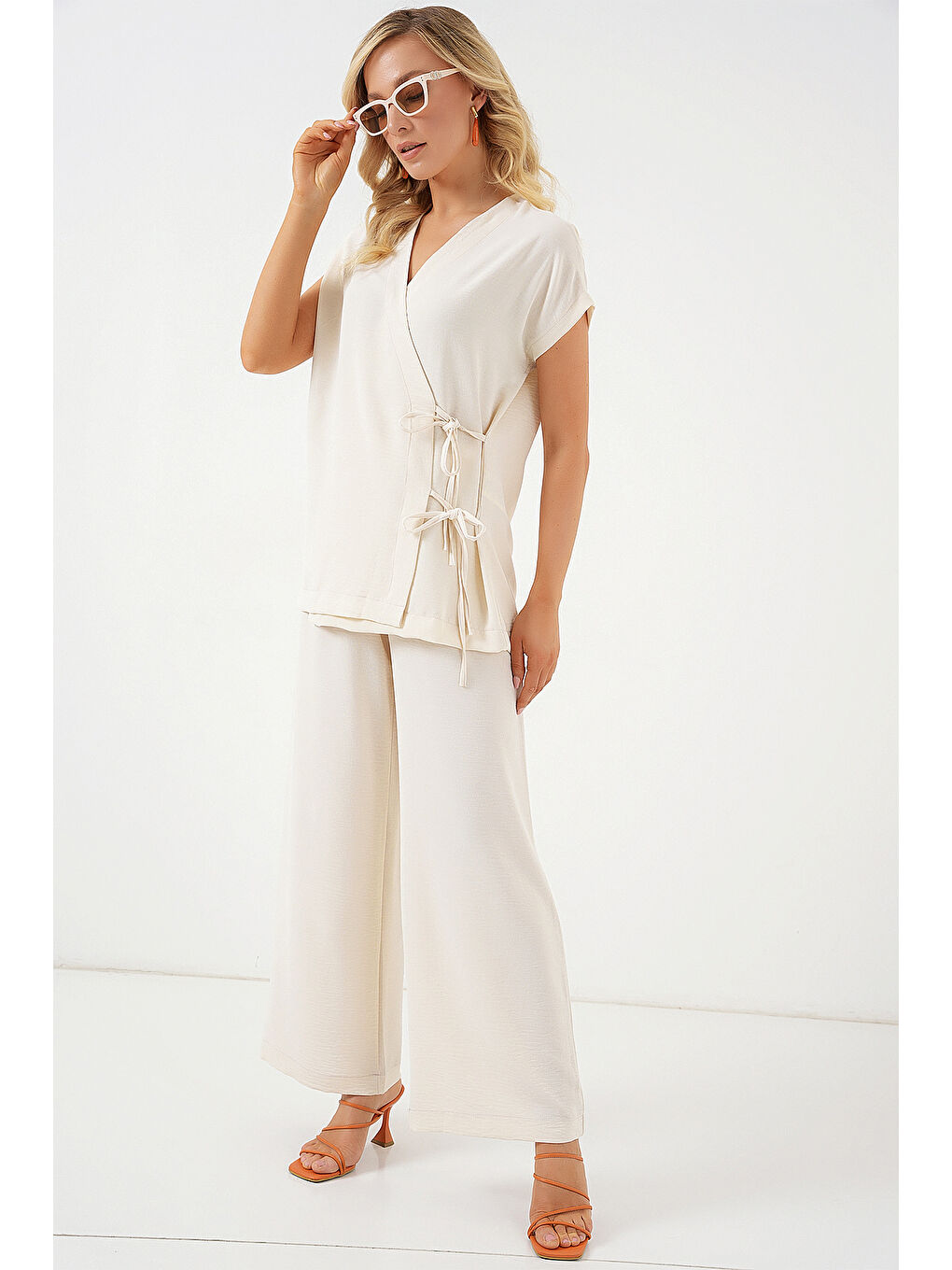 Ekru Kadın Kısa Kol Bağcıklı Ayrobin İkili Takım 6741 - Krem-3