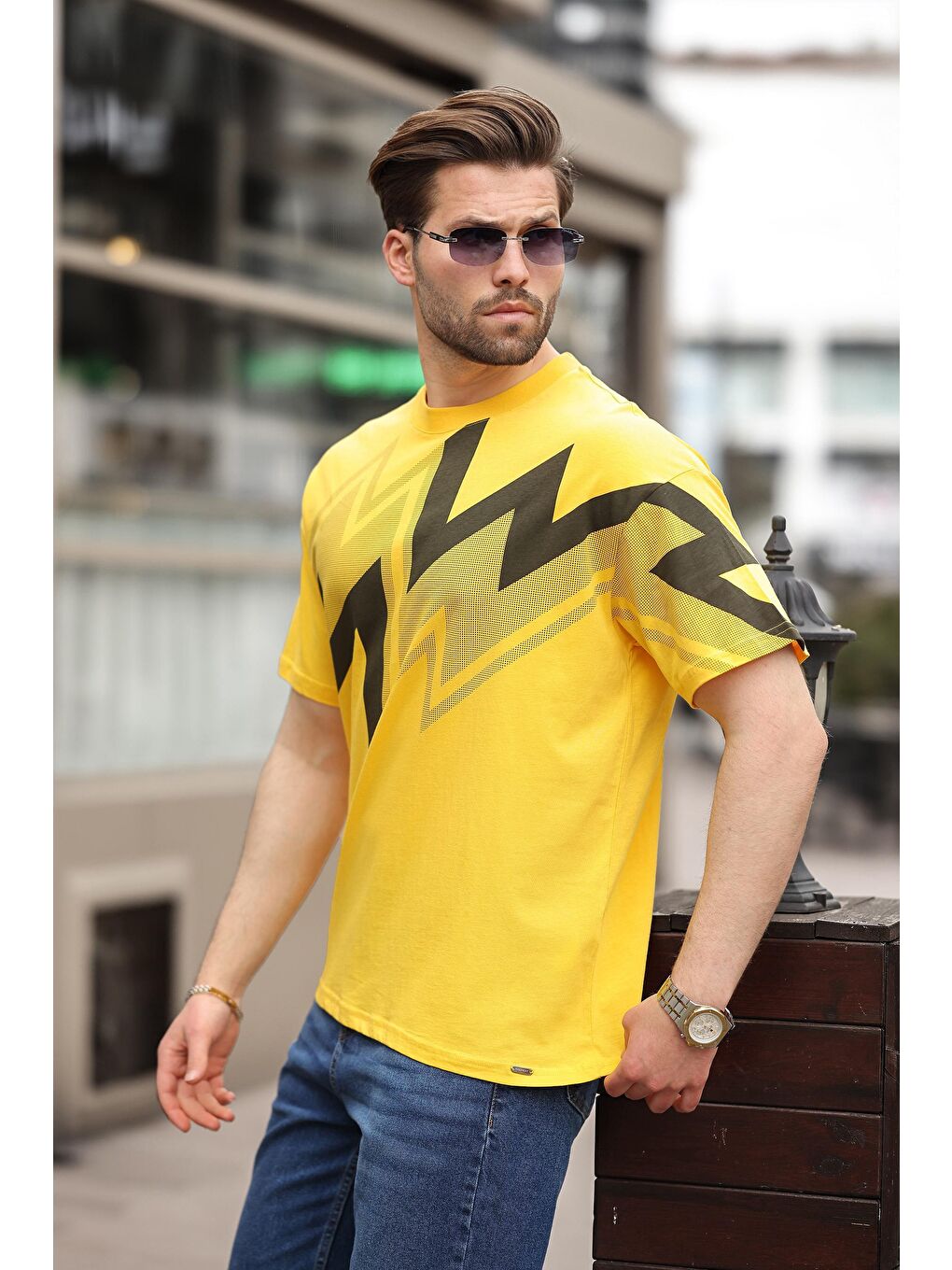 Sarı Baskılı %100 Pamuk Erkek T-Shirt-2