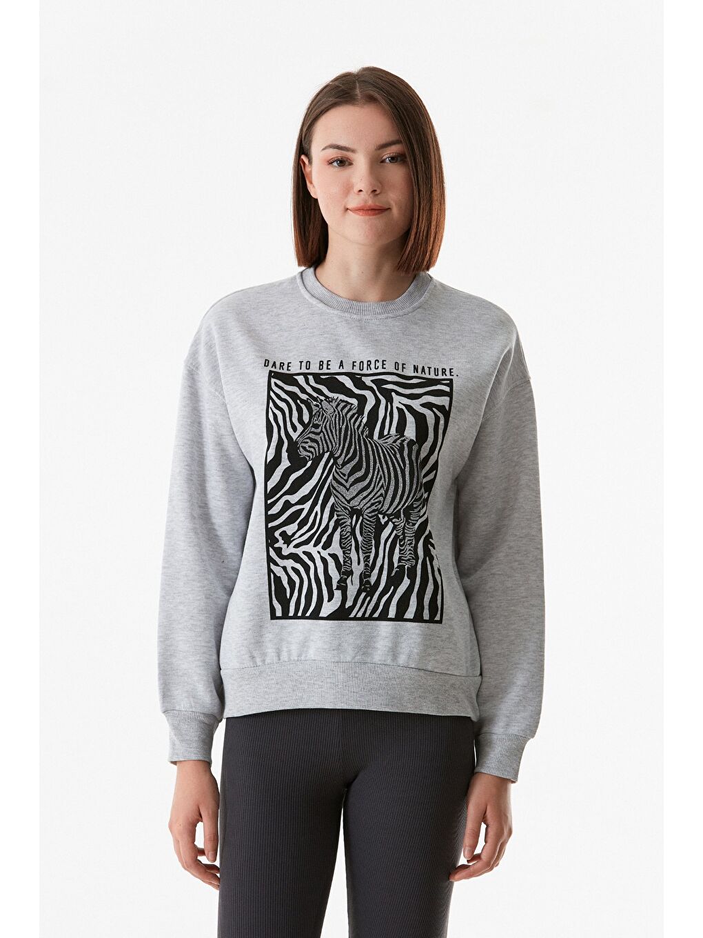 LC WAIKIKI Gri Zebra Baskılı Bisiklet Yaka Sweatshirt