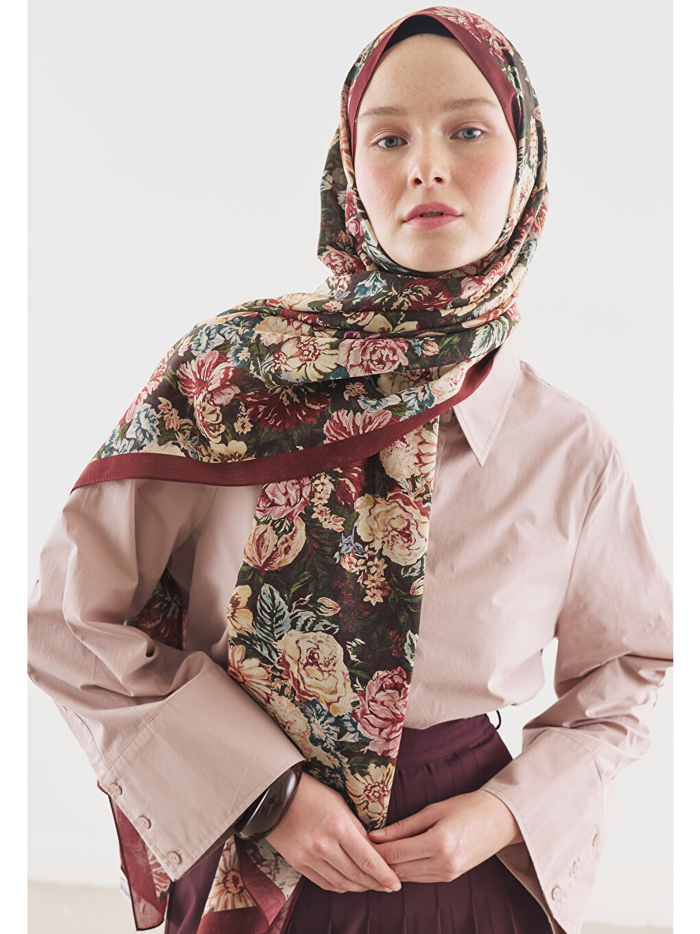 Bordo JUDITH DESENLİ PAMUK VİSKON ŞAL BORDO