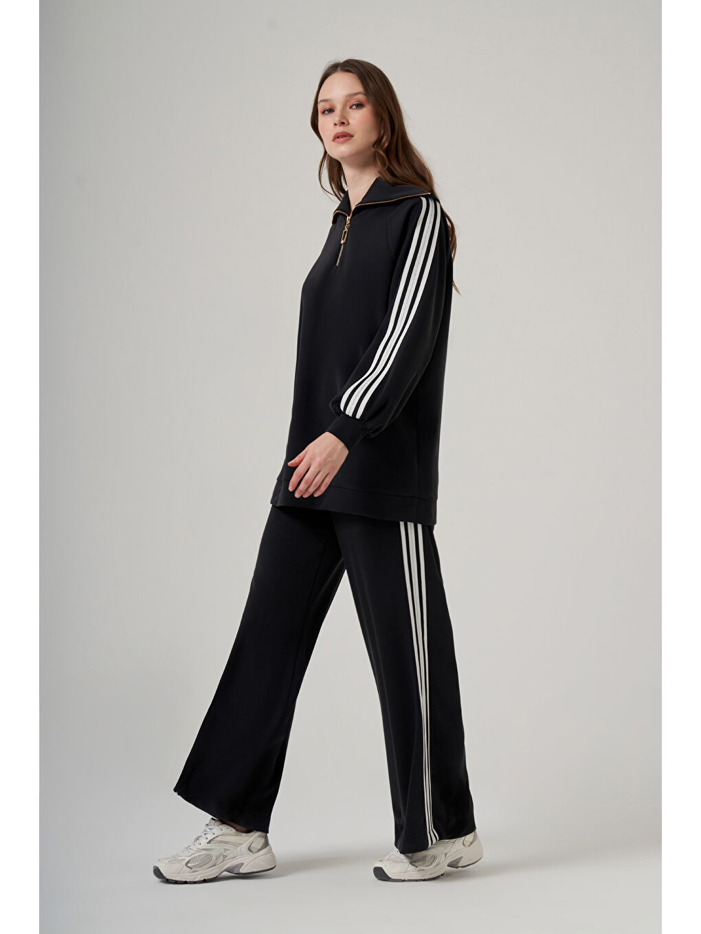 Şerit Detay Tunik Pantolon Takım 1093 Siyah