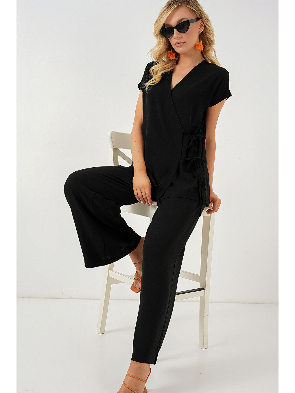 Kadın Kısa Kol Bağcıklı Ayrobin İkili Takım 6741 - Siyah-2