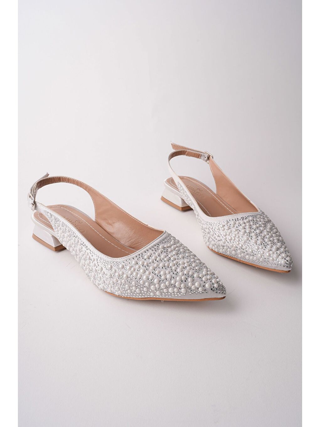 Gri SYROS İnci Taş İşlemeli Sivri Burun Arkası Açık Kadın Topuklu Ayakkabı