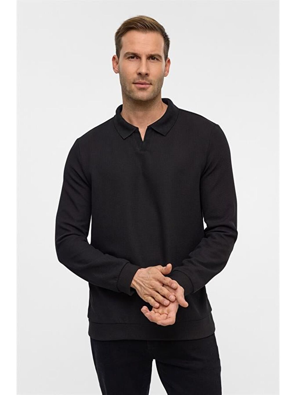 Siyah Regular Düz Polo Yaka Sweatshirt-1