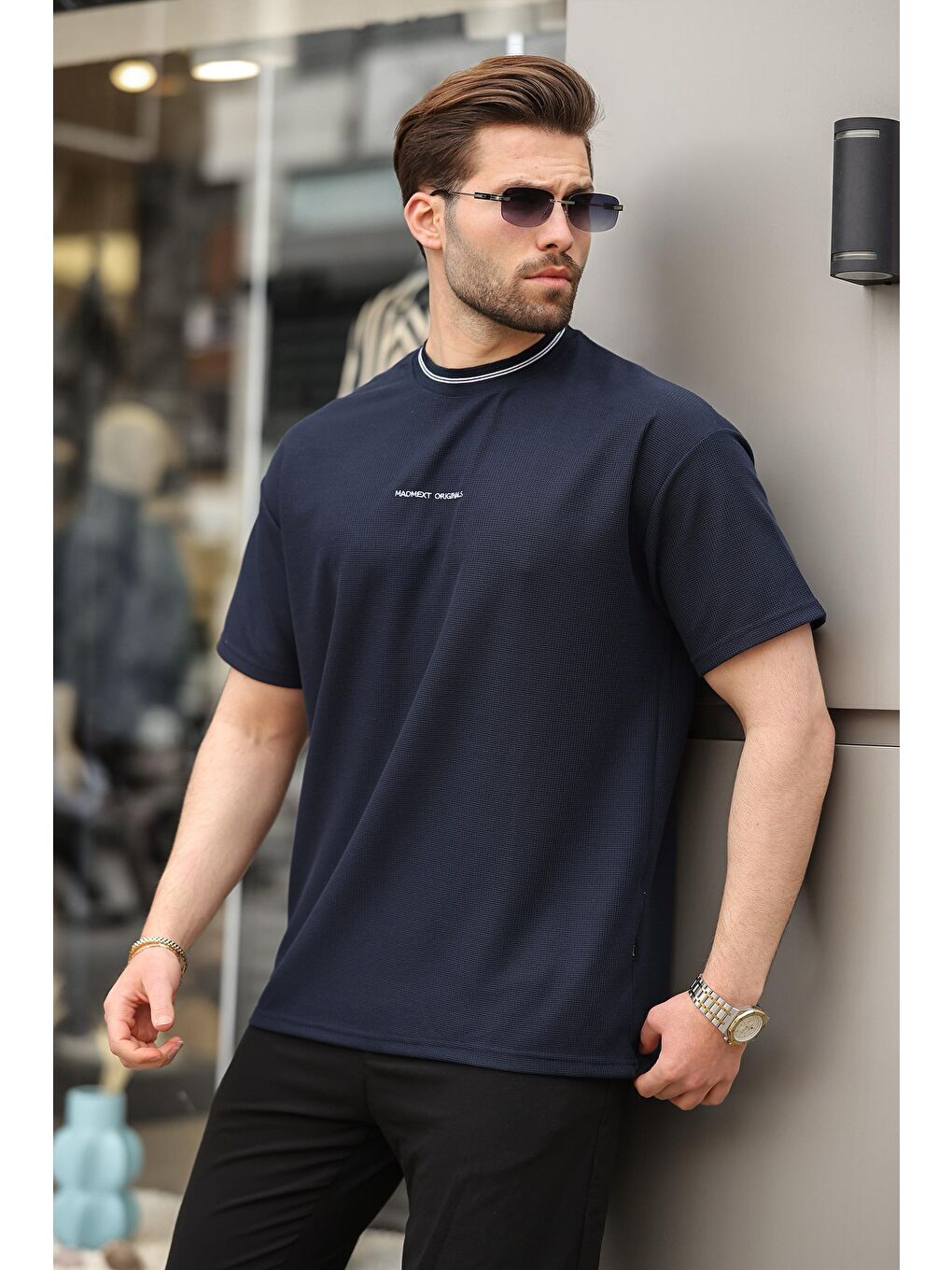 Lacivert Nakış Detaylı Basic Erkek T-Shirt E7106-1