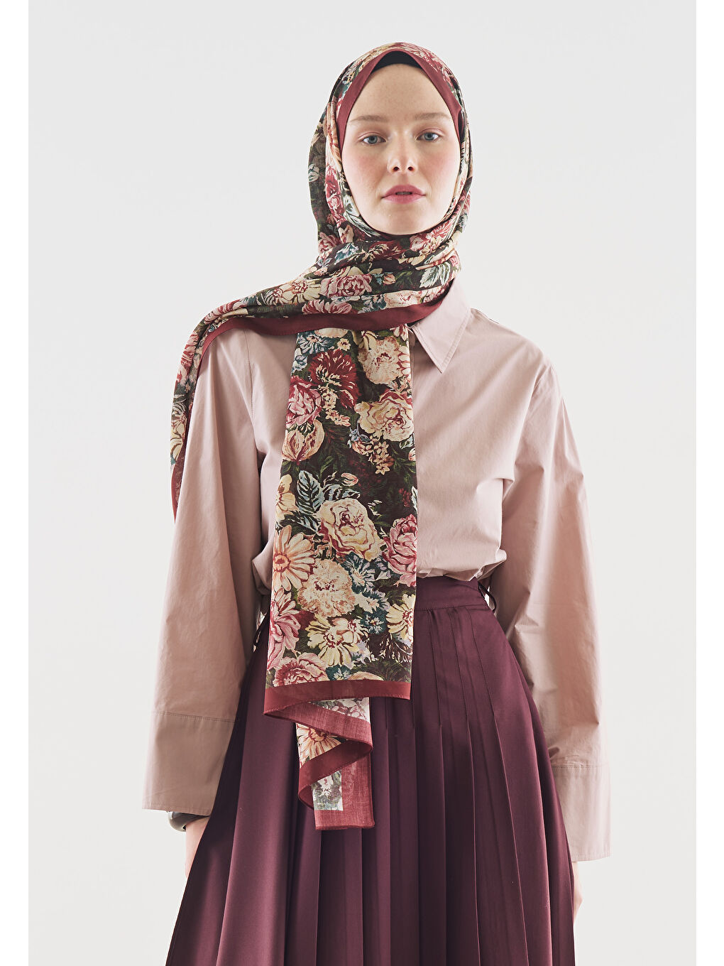 Bordo JUDITH DESENLİ PAMUK VİSKON ŞAL BORDO-2