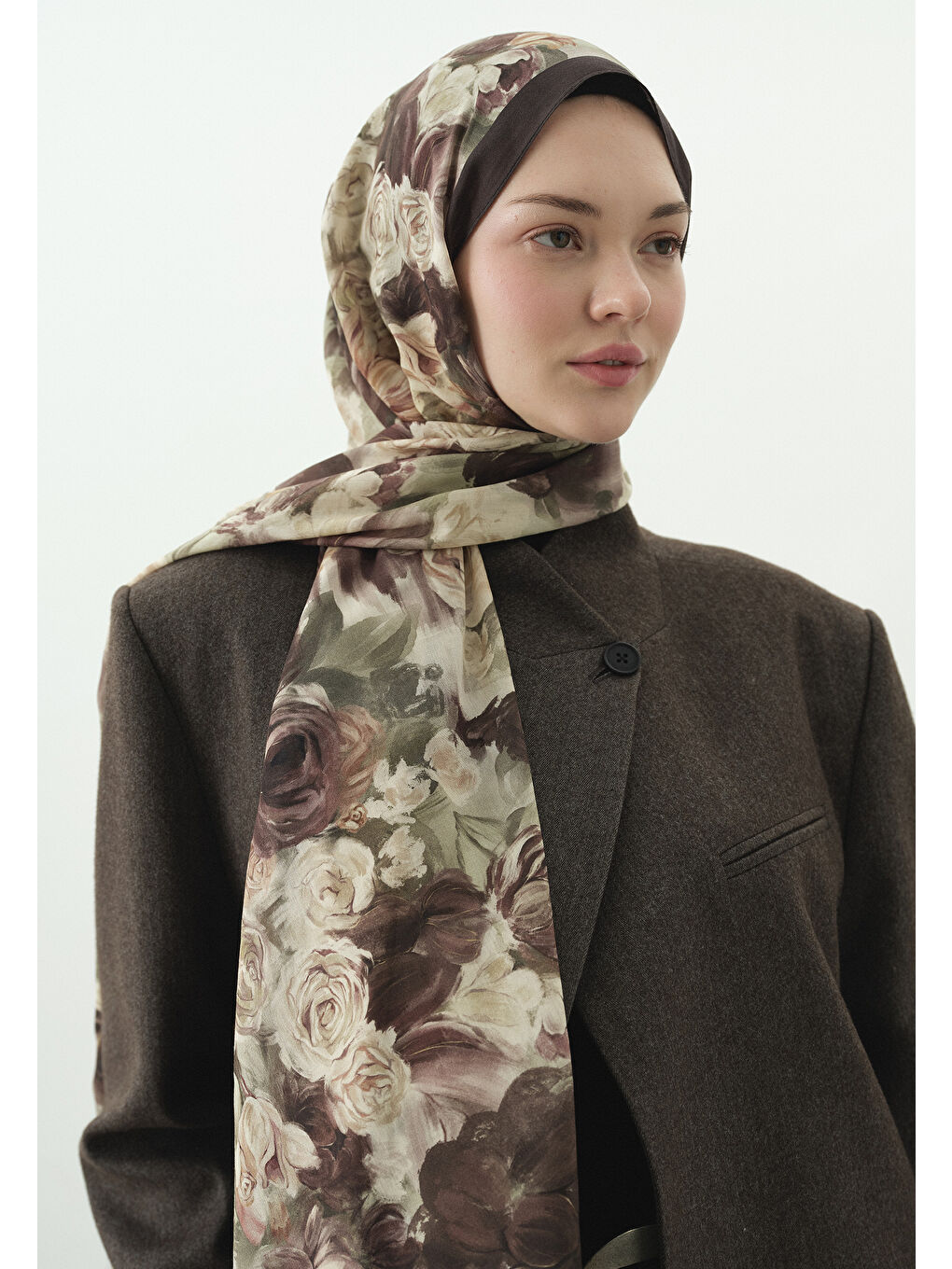 Kahverengi ROSE BREEZE DESENLİ PAMUK VİSKON ŞAL TOZLU KAHVE