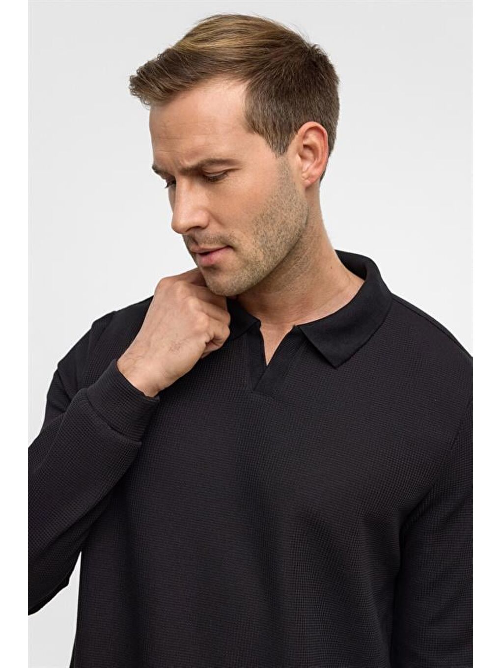 Siyah Regular Düz Polo Yaka Sweatshirt-3